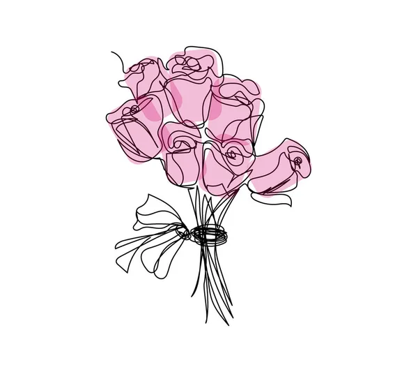 Bouquet of pink chinese roses continuous line drawing. One line art of decoration, flowers, roses, garden flowers, bouquet, floristry, romance, gift, relationship, love, peonies, dahlias, carnations. — Stockvektor