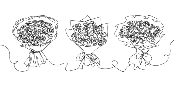 Set of bouquets with roses continuous line drawing. One line art of decoration, flowers, roses, garden flowers, bouquet, floristry, romance, relationship, love, peonies, tulips, dahlias, carnations. — Stockvektor