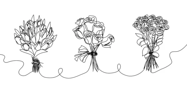 Conjunto de grandes ramos de dibujo de línea continua. Una línea de arte de la decoración, flores, rosas, flores de jardín, floristería, romance, relación, amor, peonías, tulipanes, dalias, claveles. — Vector de stock