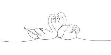 Two swans in love continuous line drawing. One line art of time of love, couple, heart, hugging, birds, family, relationship, lovers, symbolism. Hand drawn vector illustration.