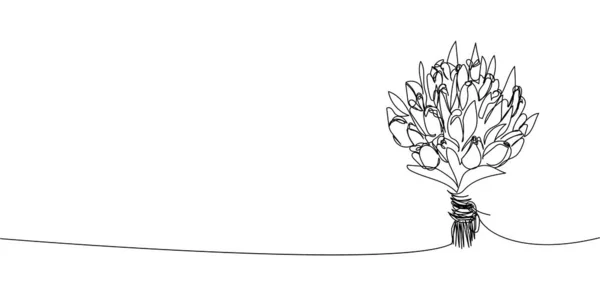 Buquê de tulipas desenho de linha contínua. Uma linha de arte de decoração, flores, rosas, flores do jardim, buquê, floricultura, romance, presente, relacionamento, amor, composição de flores. —  Vetores de Stock