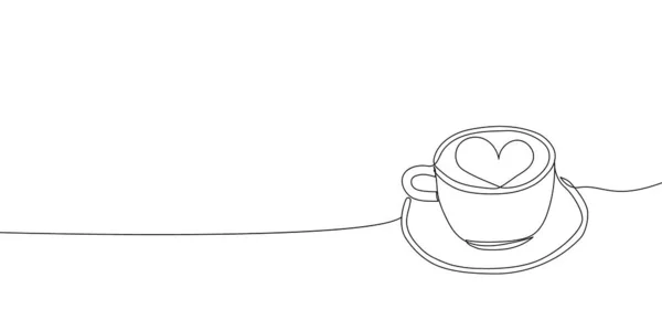 Uma xícara de cappuchino linha contínua desenho. Uma linha de arte do café, chá, bebida, americano, leite, creme, latte, café na cama, romance, casa de café, café, coração. — Vetor de Stock