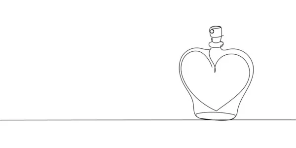 Heart shaped glass bottle continuous line drawing. One line art of perfume, eau de toilette, tester, spray, aroma, pheromones, love potion, feelings, smell, gift. — Vettoriale Stock