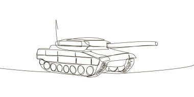 Düşük namlulu tank sürekli çizgi çiziyor. Zırhlı personel taşıyıcı sanatı, piyade savaş aracı. El çizimi vektör illüstrasyonu.