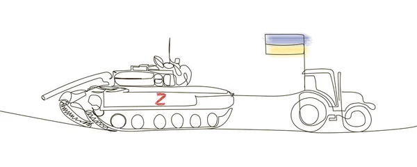 乌克兰拖拉机拉着俄罗斯坦克连续拉线。俄罗斯入侵乌克兰、俄乌战争、反对法西斯主义、农民、军人的一条线艺术. — 图库矢量图片