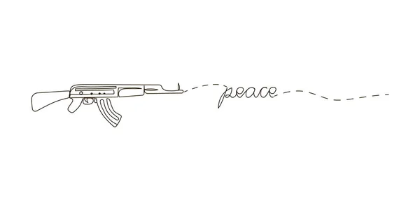Ciągły rysunek linii pokoju. Jeden wiersz sztuki angielskiego ręcznie pisane z życzeniami pokoju i broni, karabin Kalashnikov. — Wektor stockowy