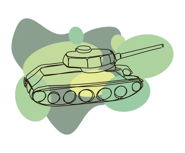 Heavy tank on a camouflage background continuous line drawing. One line art of armored personnel carrier, infantry fighting vehicle with green, khaki, military colours. — Stockvector