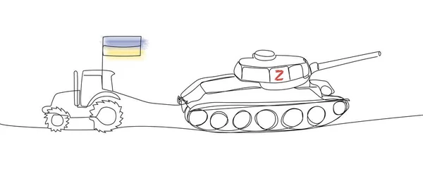 乌克兰拖拉机偷走了俄罗斯坦克连续线绘图。阻止俄罗斯侵略、俄罗斯入侵乌克兰、俄乌战争、反对派、农民、军人的一条线艺术. — 图库矢量图片