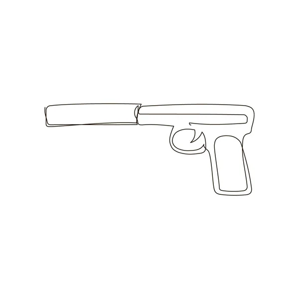 Wapen met geluiddemper continue lijn tekening. Een lijn kunst van wapen, gas pistool, vuurwapens, wapens voor de politie en zelfverdediging, speelgoed. — Stockvector