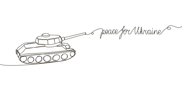 Pace per l'Ucraina linea continua disegno. Un'arte a una riga di lettere scritte a mano inglese con desideri di pace e militari, carro armato, portavalori corazzati. — Vettoriale Stock