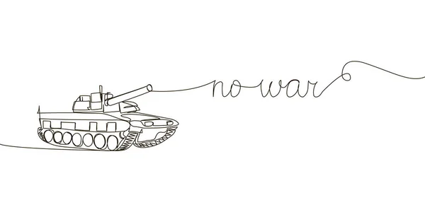 Nessun disegno di linea continua di guerra. Una linea d'arte inglese scritta a mano lettering con desideri di pace, fermare la guerra e militari, carro armato di battaglia, vettore personale corazzato. — Vettoriale Stock