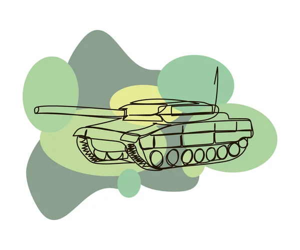 Tank met verlaagde loop op een camouflage achtergrond continue lijntekening. Een lijn kunst van gepantserde personeel drager, infanterie vechtvoertuig met groen, kaki, militaire kleuren. — Stockvector