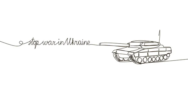 Pare a guerra na Ucrânia desenho de linha contínua. Uma linha de arte de letras escritas à mão Inglês com desejos de paz, e militar, tanque, transportador de pessoal blindado, veículo de combate de infantaria. —  Vetores de Stock