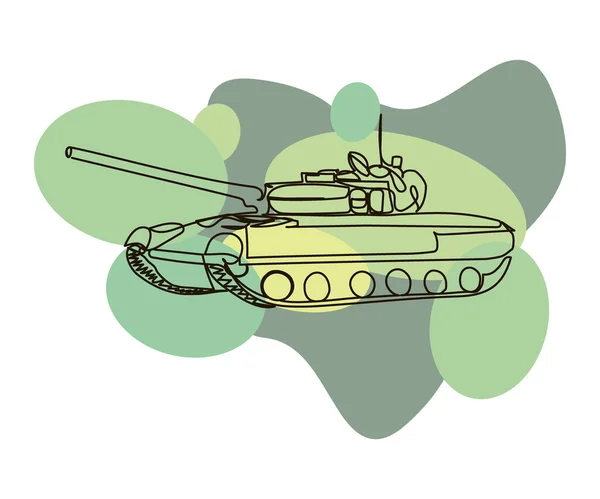 Battle tank op een camouflage achtergrond continue lijn tekening. Een lijn kunst van gepantserde personeel drager, infanterie vechtvoertuig met groen, kaki, militaire kleuren. — Stockvector