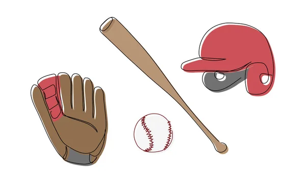 Baseball colored set with glove, ball, helmet, bat one line art. Continuous line drawing of player, pitcher, hardball, softball, sports, activity, american, game, training, competitive, leisure