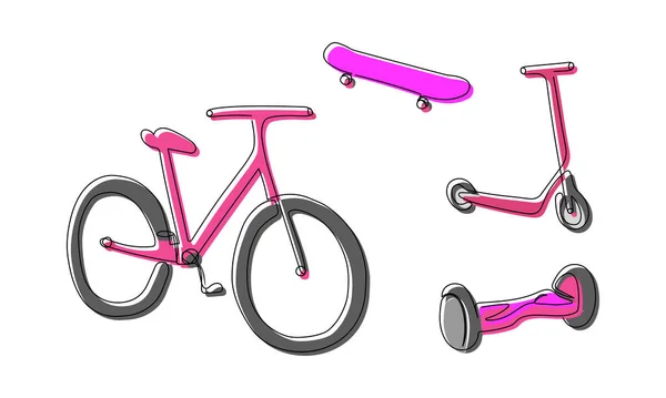 Ποδήλατο Σκούτερ Κλωτσιά Skate Χρωματιστό Μία Γραμμή Τέχνης Συνεχής Γραμμή — Διανυσματικό Αρχείο