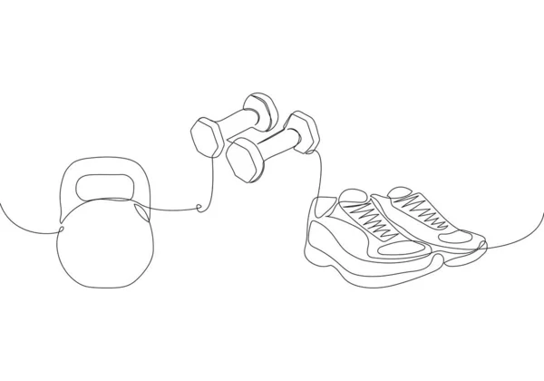 Fitness Set Sneakers Kettlebell One Line Art Continuous Line Drawing — ストックベクタ