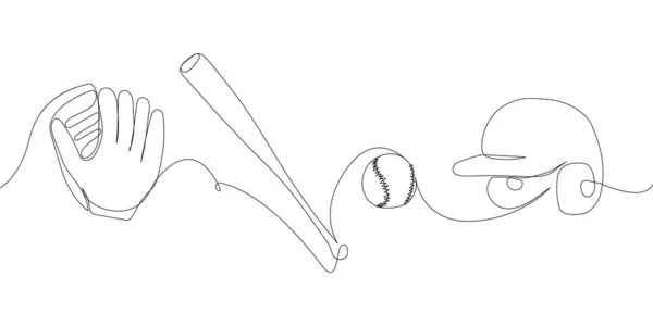 Бейсбольный Комплект Шлемом Битой Мячом Перчаткой Одна Линия Искусства Continuous — стоковый вектор