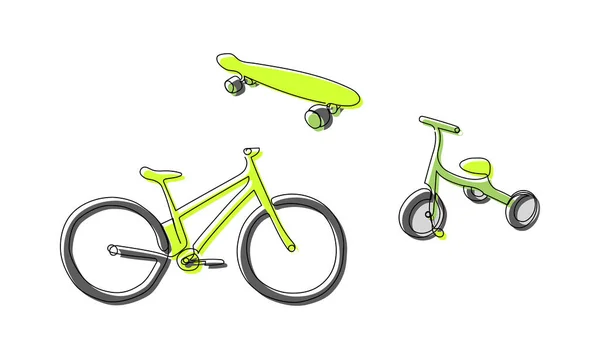Farbige Fahrräder Und Skate One Line Art Kontinuierliche Linienzeichnung Von — Stockvektor