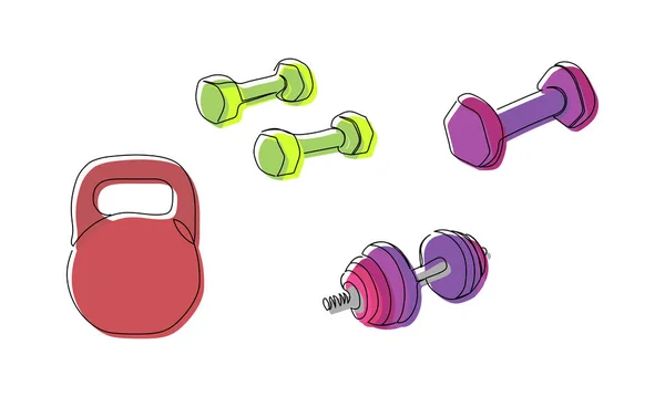 Fitness Farbiges Set Mit Kettlebell One Line Art Kontinuierliche Linienziehung — Stockvektor