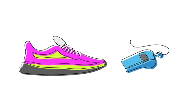 Sprint Colored Set Sneakers Whistle One Line Art Continuous Line — Vector de stock