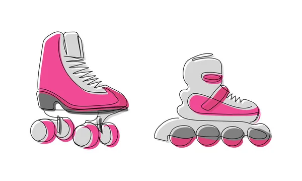 Set Colored Roller Skates Footwear One Line Art Continuous Line — Διανυσματικό Αρχείο