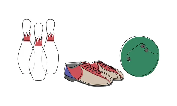 Bowling Colored Set Ball Skittles Sport Shoes One Line Art — ストックベクタ