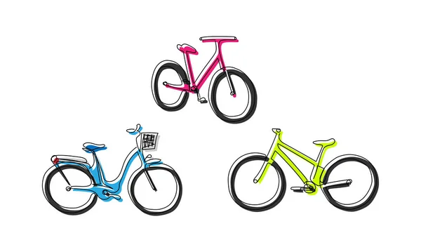 Colored Bicycles One Line Art Continuous Line Drawing Sport Transportation —  Vetores de Stock