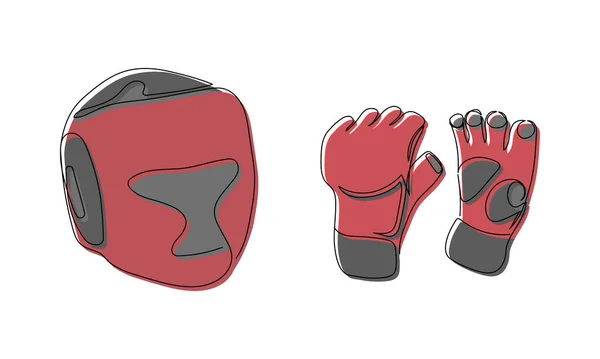 Mma Colored Set Gloves Helmet One Line Art Continuous Line — Image vectorielle