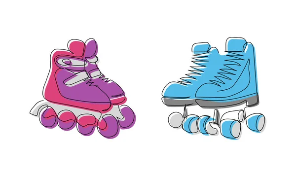 Set Colored Roller Skates Sportswear One Line Art Continuous Line — Image vectorielle
