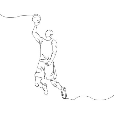 Basketball player throws the ball into the basket one line art. Continuous line drawing sports, training, championship, ball, man, stadium. Hand drawn vector illustration