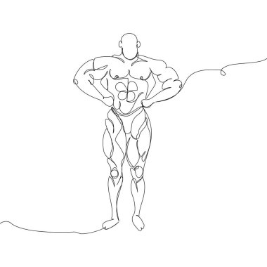 Bodybuilder one line art. Continuous line drawing sport, fitness, man, musculature, strength, gym, physical education, athlete torso, weightlifting, muscles Hand drawn vector illustration