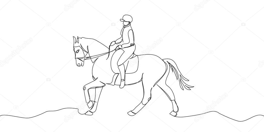 Horseback riding one line art. Continuous line drawing horse, rider, saddle, trot, horse racing, polo, sport, competition. Hand drawn vector illustration