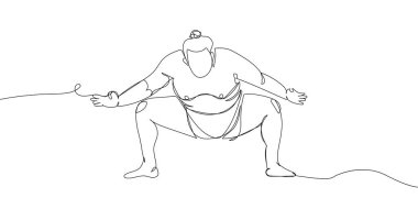 Sumo wrestler pre-fight greeting one line art. Continuous line drawing japanese, fight, obesity, man, person, athlete, sport. Hand drawn vector illustration