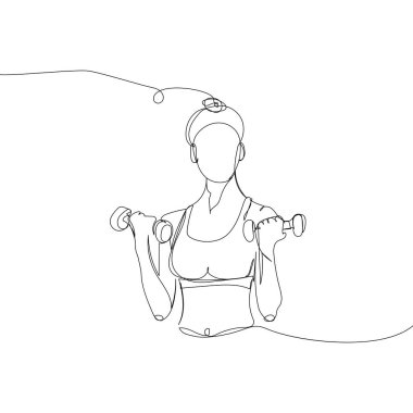 Girl with dumbbells one line art. Continuous line drawing sports, fitness, physical education, bodybuilding, muscle building, gym, sexy body, woman. Hand drawn vector illustration