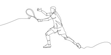 Tennis player with racket, racquet one line art. Continuous line drawing hit the ball, competition, sport, male athlete, leisure, hobby, championship, tournament. Hand drawn vector illustration