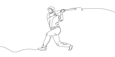 Baseball batsman, batter one line art. Continuous line drawing sport, team game, hit the ball, baseball bat, bit, boy, man baseball uniform, leisure, hobby. Hand drawn vector illustration