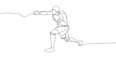 Boxer in a fight one line art. Continuous line drawing hit, protective mask, boxing gloves, fight, athletes, battle, man, sport, boxing ring. Hand drawn vector illustration