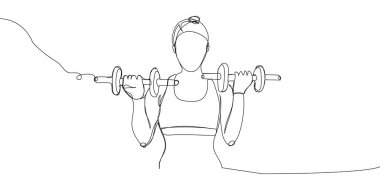 Girl with stacked dumbbells one line art. Continuous line drawing sports, fitness, physical education, bodybuilding, muscle building, gym, sexy body, woman. Hand drawn vector illustration