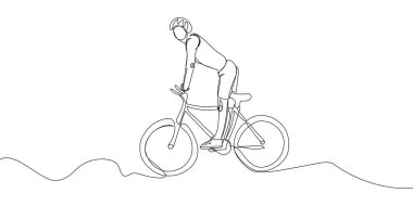 Human in a protective helmet rides a bicycle one line art. Continuous line drawing sports, training, sport, leisure, race, bike, teenager, cycle racing, tricks, street culture, urban, extreme, woman