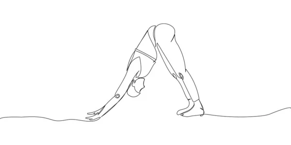 Girl Doing Yoga Downward Facing Dog Pose One Line Art — Vector de stock