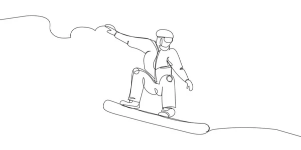 Guy riding a snowboard one line art. Continuous line drawing sport, winter sports, do tricks, snowboarding, competition, extreme, uniform, man, leisure, hobby. Hand drawn vector illustration