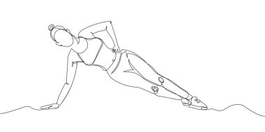 Girl standing in side plank one line art. Continuous line drawing sports, fitness, pilates, physical education, athletics, strength, athletic body, yoga asana, athlete, woman, gym, stretching, sexy body workout. Hand drawn vector illustration