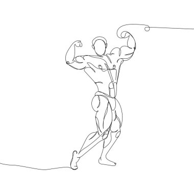 Bodybuilder showing muscles one line art. Continuous line drawing sport, fitness, man, musculature, strength, gym, competition, physical education, athlete torso, weightlifting. Hand drawn vector illustration