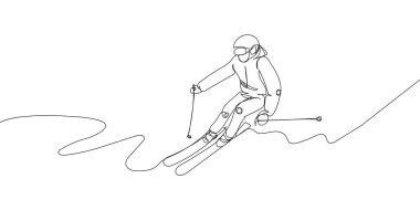 Man skiing down the mountain one line art. Continuous line drawing sport, winter sports, do tricks, skis, ski poles,, competition, extreme, uniform, man, woman, leisure, hobby Hand drawn vector illustration