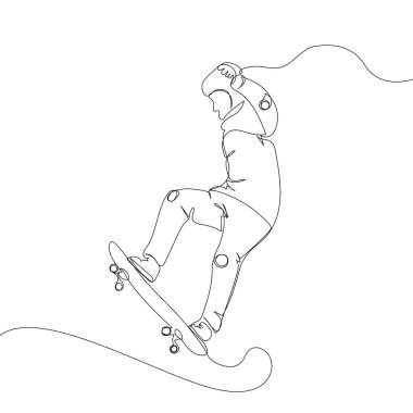 Guy riding a skateboard one line art. Continuous line drawing sports, training, sport, leisure, teenager, doing tricks, street culture, subculture, urban, extreme, youth man, stadium. Hand drawn