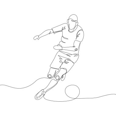 Football player with ball one line art. Continuous line drawing game, sport, soccer ball, activity, training, running, cleats. Hand drawn vector illustration