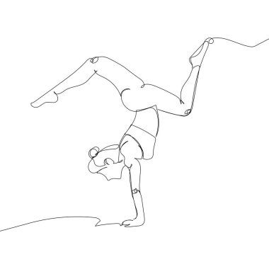 Woman handstand one line art. Continuous line drawing sports, fitness, physical education, athletics, asanas, yoga, strength, athletic body, athlete, girl, gym, stretching sexy body Hand drawn vector illustration