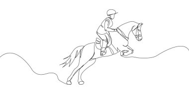 Equestrian sport, horse racing one line art. Continuous line drawing horseback riding, rider, saddle, horse, polo, galloping, trotting, sport, competition Hand drawn vector illustration