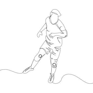 Soccer player on the offensive one line art. Continuous line drawing game, sport, football, activity, training, running, cleats. Hand drawn vector illustration